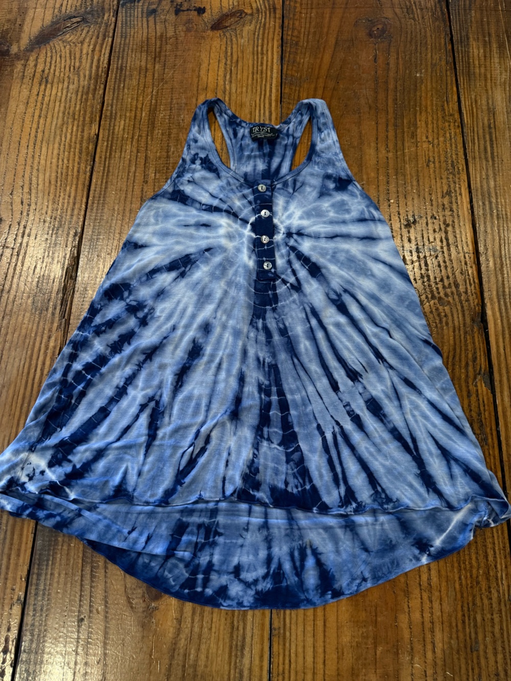 Tryst Blue Tie Dye Racerback Henley Tank Top  Small Boho Festival Shell Buttons